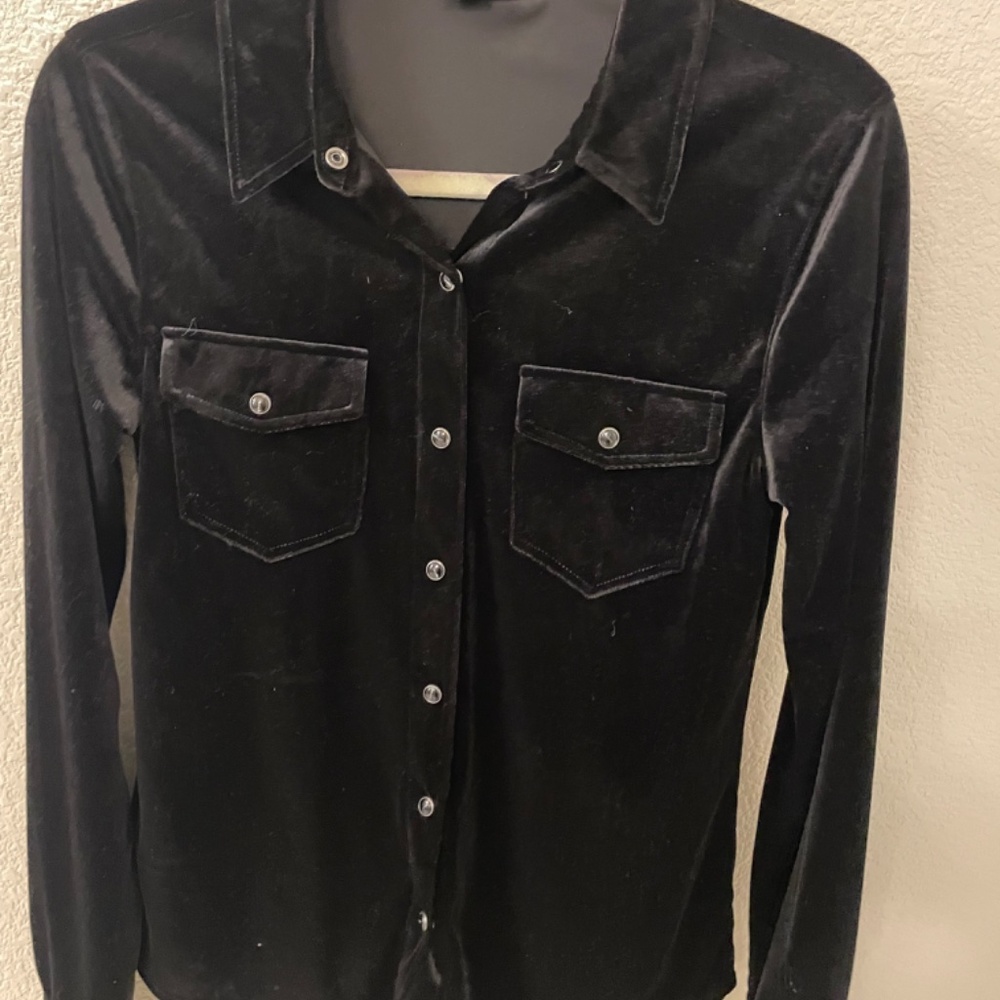 SANCTUARY Black Velvet Snap Button Long Sleeve Collar Top Size XS - Picture 2 of 8
